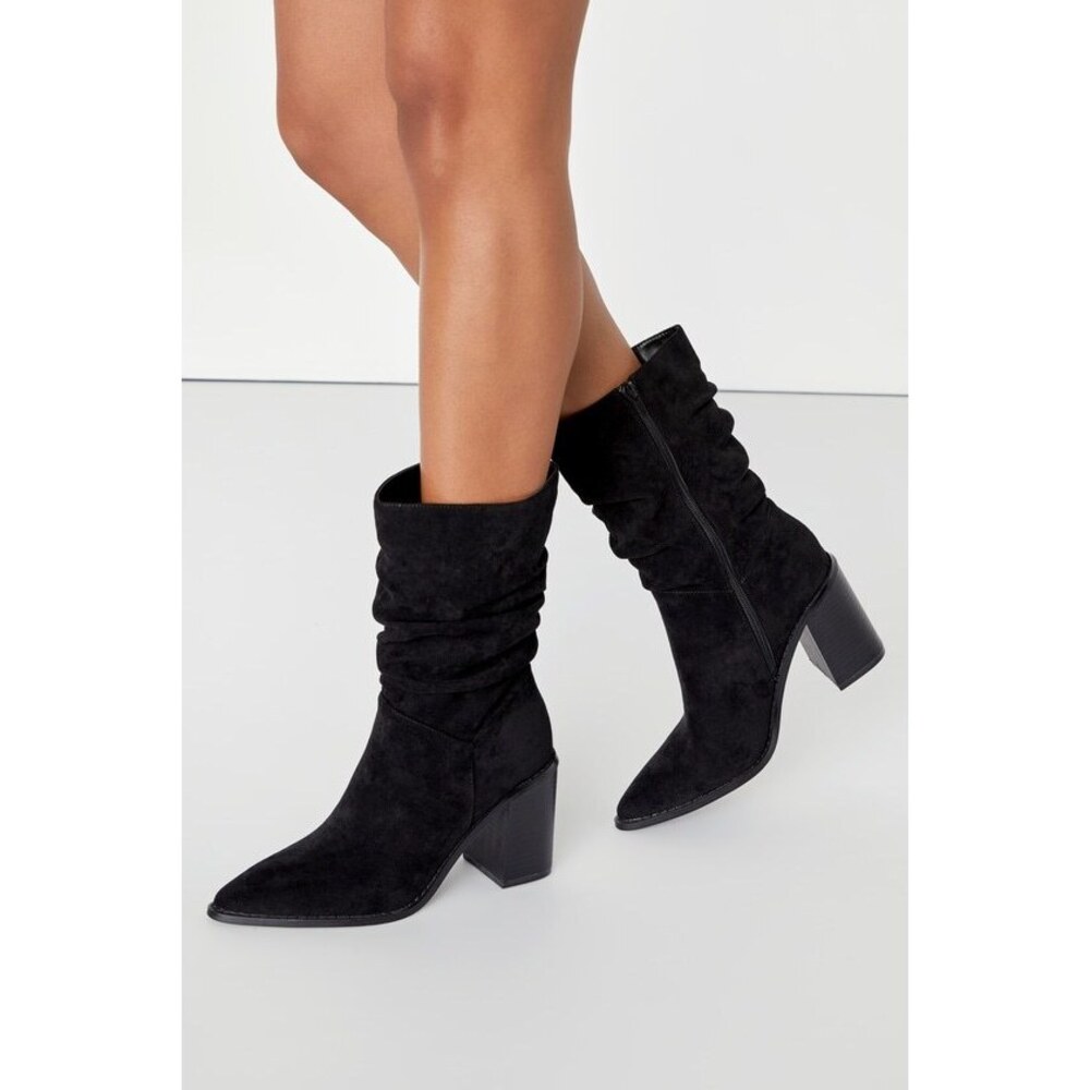 Lulus Penelopie Black Suede Pointed-toe Mid-calf Boots - Size 10